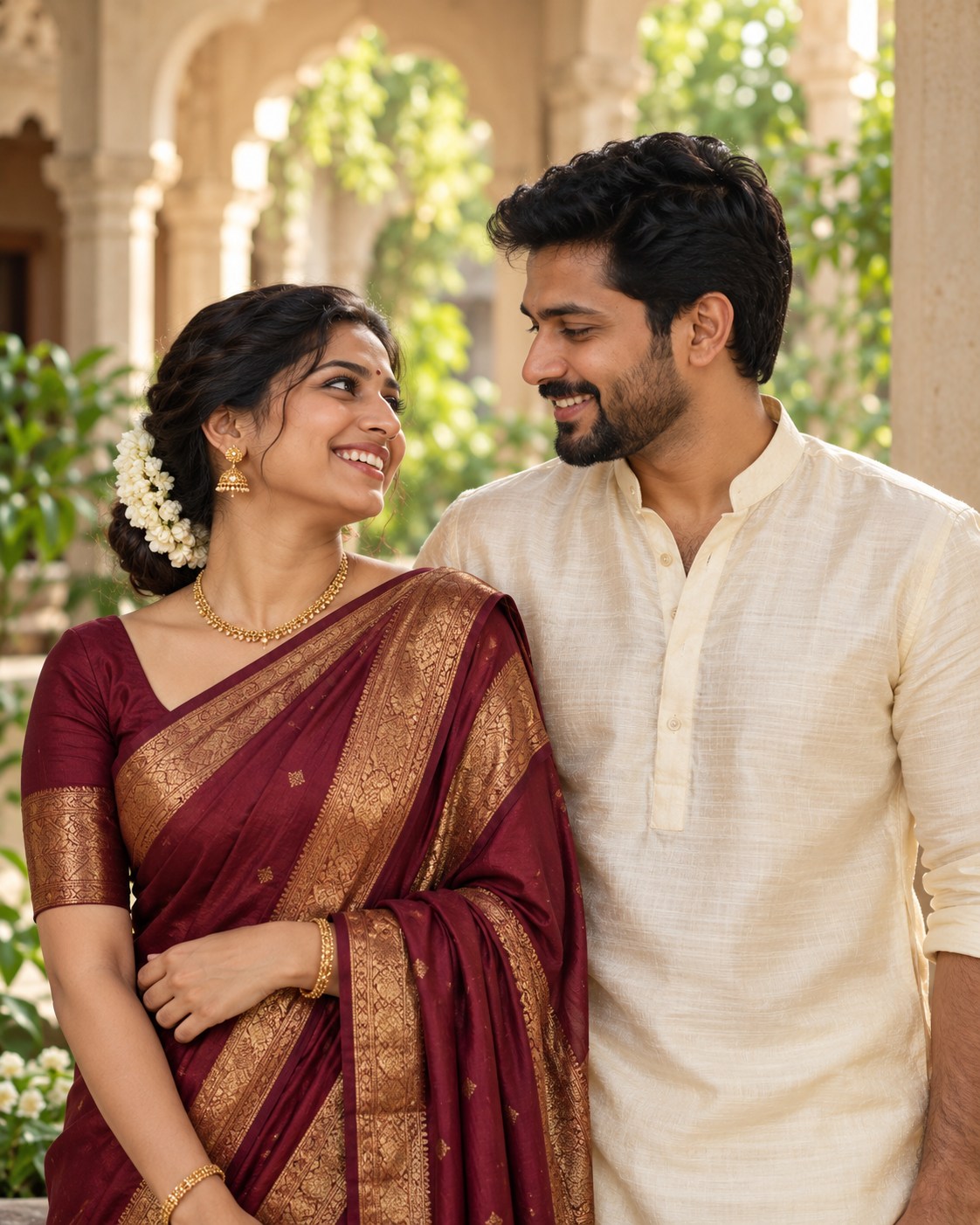 An illustrative Telugu couple sharing a happy moment in a sunlit courtyard